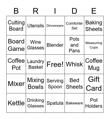 Jessica's Bridal Shower Bingo Card