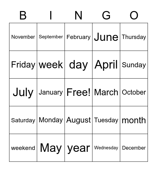 Days of the Week/Months of the Year Bingo Card