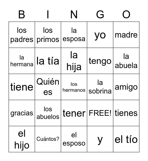 Familia Bingo Card