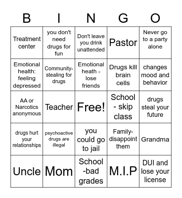 Drug Use Bingo Card