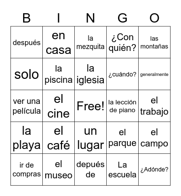 ¿Adónde Vas? Bingo Card