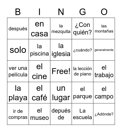 ¿Adónde Vas? Bingo Card