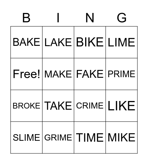 Silent 'E' Bingo Card