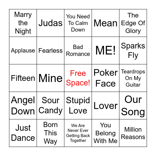 Gaga/Swift Bingo Card