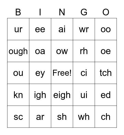 Multi-Letter Phonograms Bingo Card
