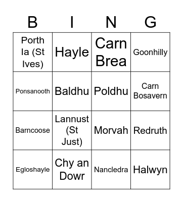 Placenames in Cornwall Bingo Card