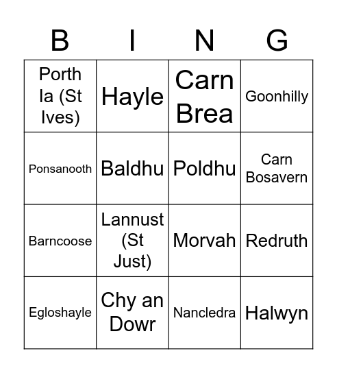Placenames in Cornwall Bingo Card