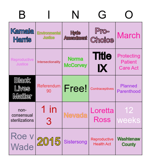 Reproductive Justice Bingo Card
