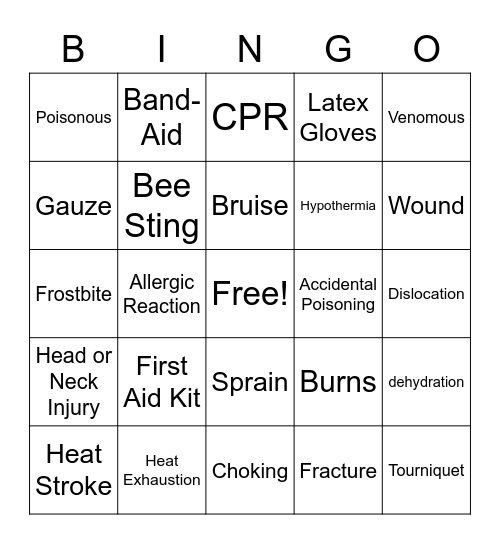 Junior First Aid BINGO Card