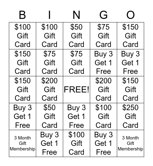 Gift Cards Bingo Card