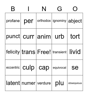 Caesar's English 11-20 Bingo Card