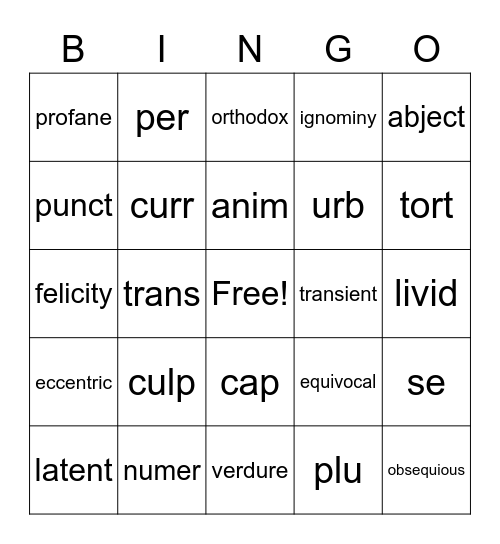 Caesar's English 11-20 Bingo Card