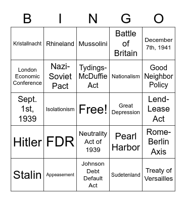 FDR and War Bingo Card