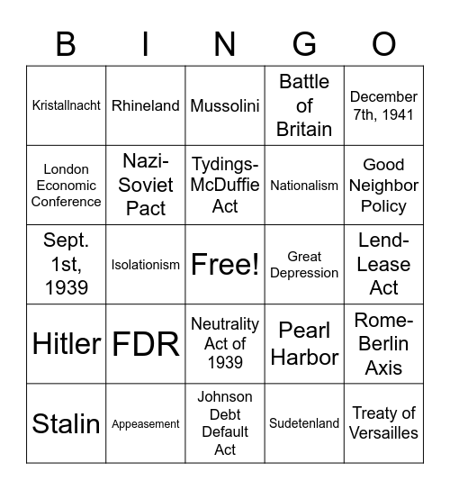 FDR and War Bingo Card