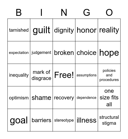 Anti Stigma Bingo Card