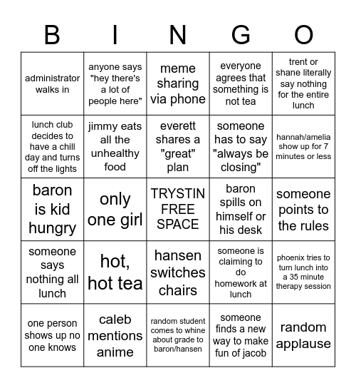 Lunch Club Bingo Card