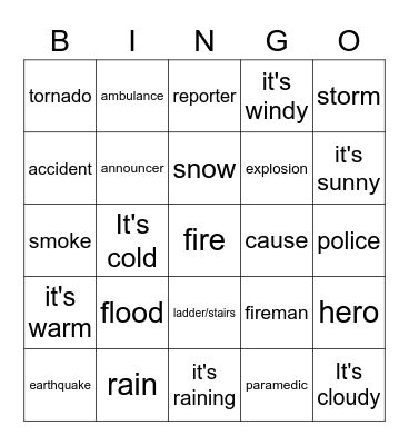 Emergencias y desastres- types and weather Bingo Card