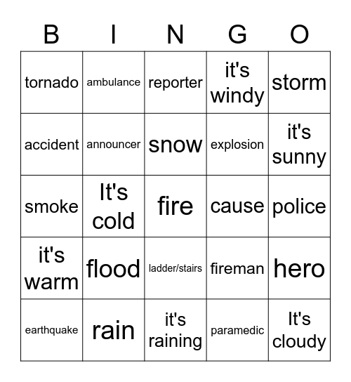 Emergencias y desastres- types and weather Bingo Card