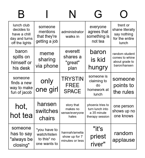 Lunch Club Bingo Card