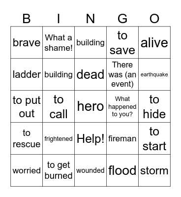 Emergencias y desastres- Verbs, adjectives, and conversational phrases Bingo Card