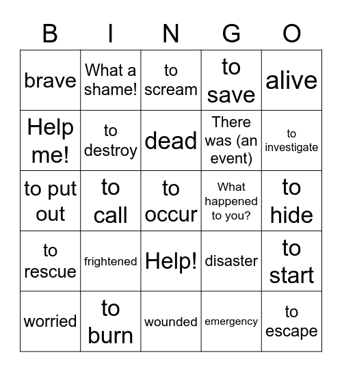 Emergencias y desastres- Verbs, adjectives, and conversational phrases Bingo Card