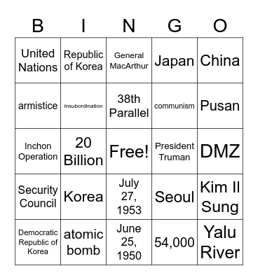 Korean War Bingo Card