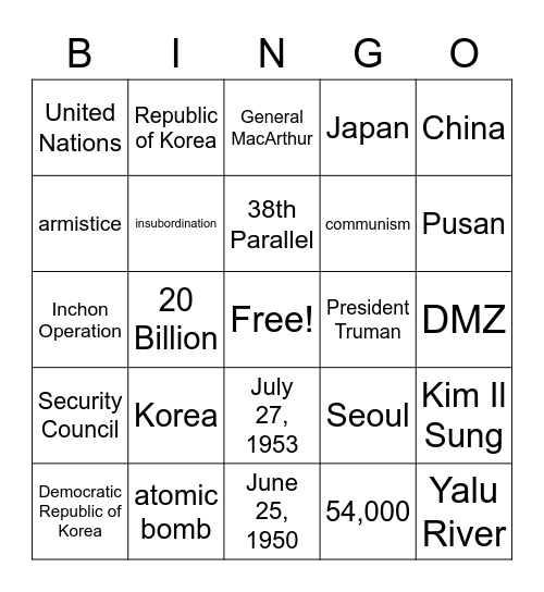 Korean War Bingo Card