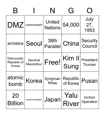 Korean War Bingo Card