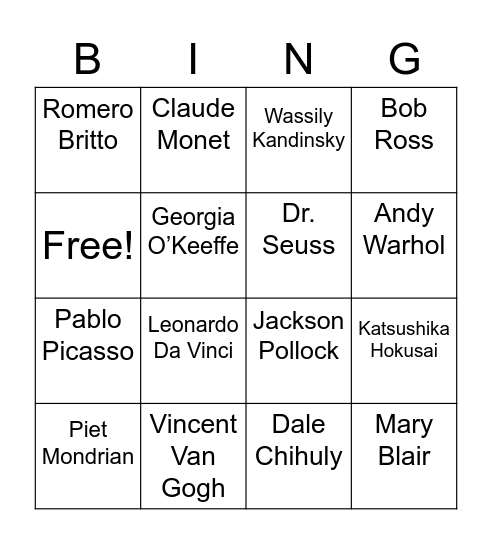 Mystery Artist Bingo Card