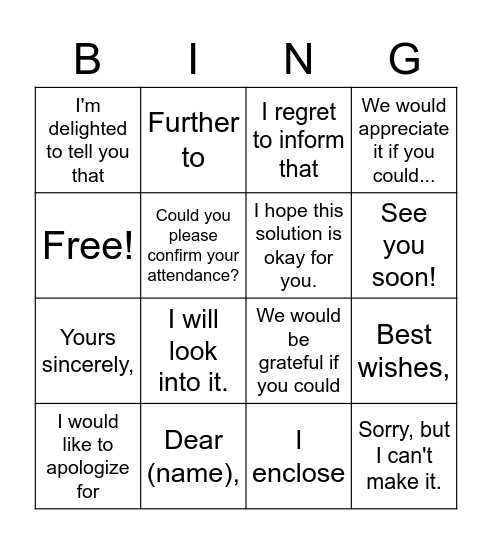 Formal vs. Informal Emails Bingo Card