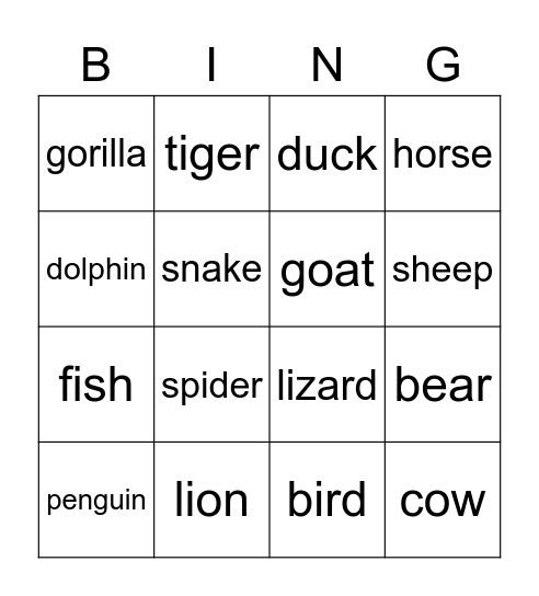 ANIMALS Bingo Card