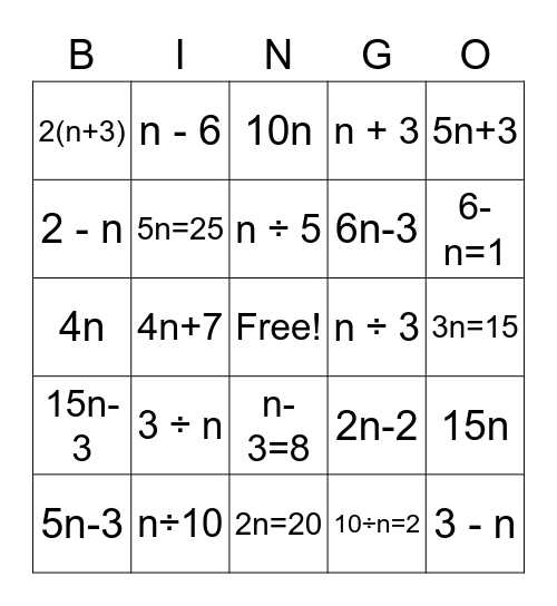 Translating Algebraic Expressions and Equations Bingo Card