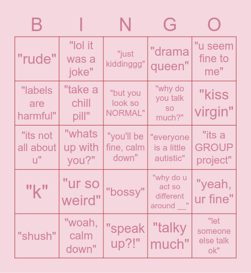 undiagnosed neurodivergent Bingo Card