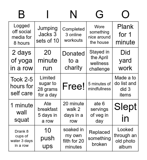 April Wellness Challenge Week 2 Bingo Card