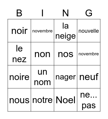 Les mots "n" Bingo Card