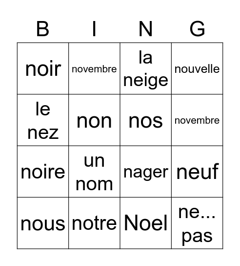 Les mots "n" Bingo Card