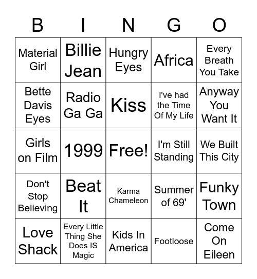 ROADS 80's Bingo Card