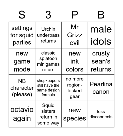 Splatoon 3 Prediction Bingo! Bingo Card