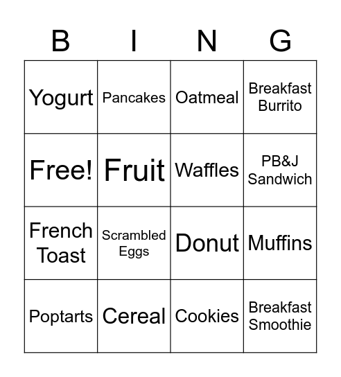 Breakfast Foods Bingo Card
