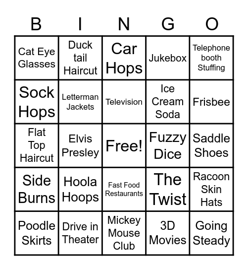 1950's Bingo Card