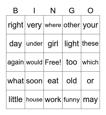 Sight Words Volume 3 Bingo Card