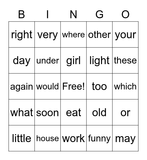 Sight Words Volume 3 Bingo Card