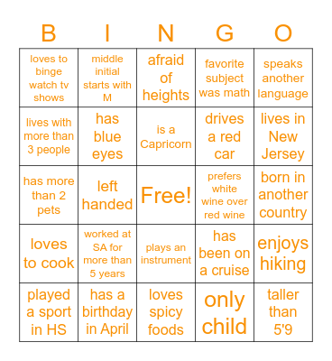 Schooling Get To Know You BINGO Card