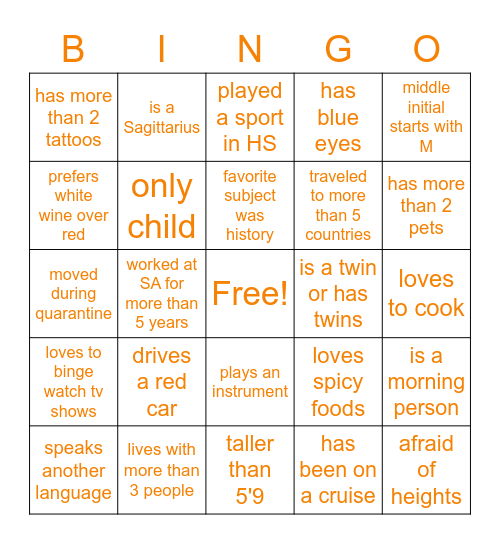 Schooling Get To Know You BINGO Card