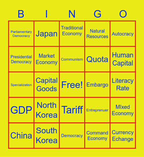 SE Asia Government & Economy Vocab Quest Bingo Card
