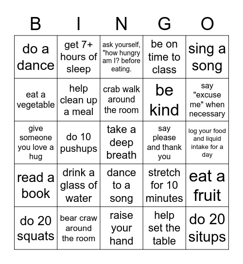 HEALTH Bingo Card