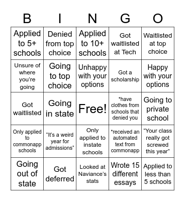 2021 College Application Process Bingo Card