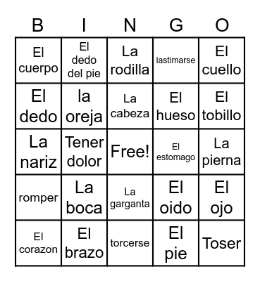 Body Parts in Spanish - Hatayah A Bingo Card