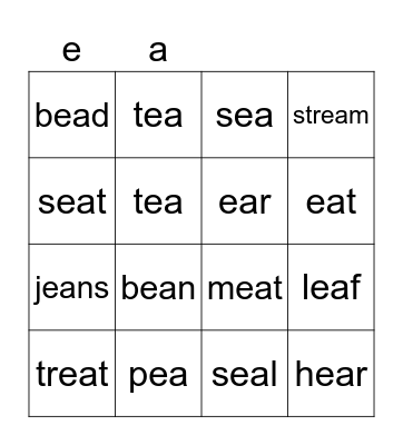 ea words Bingo Card