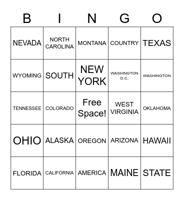 States and Location Bingo Card